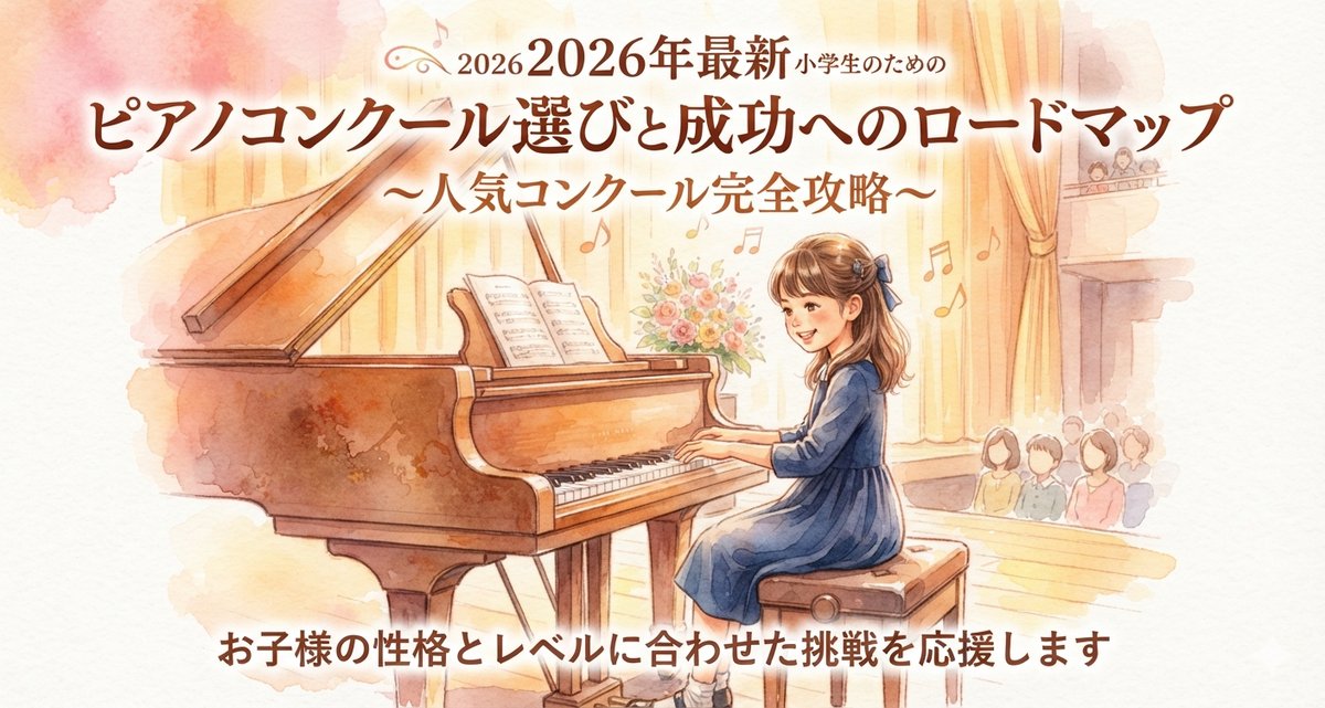 発表会でグランドピアノを弾く小学生の女の子のイラスト